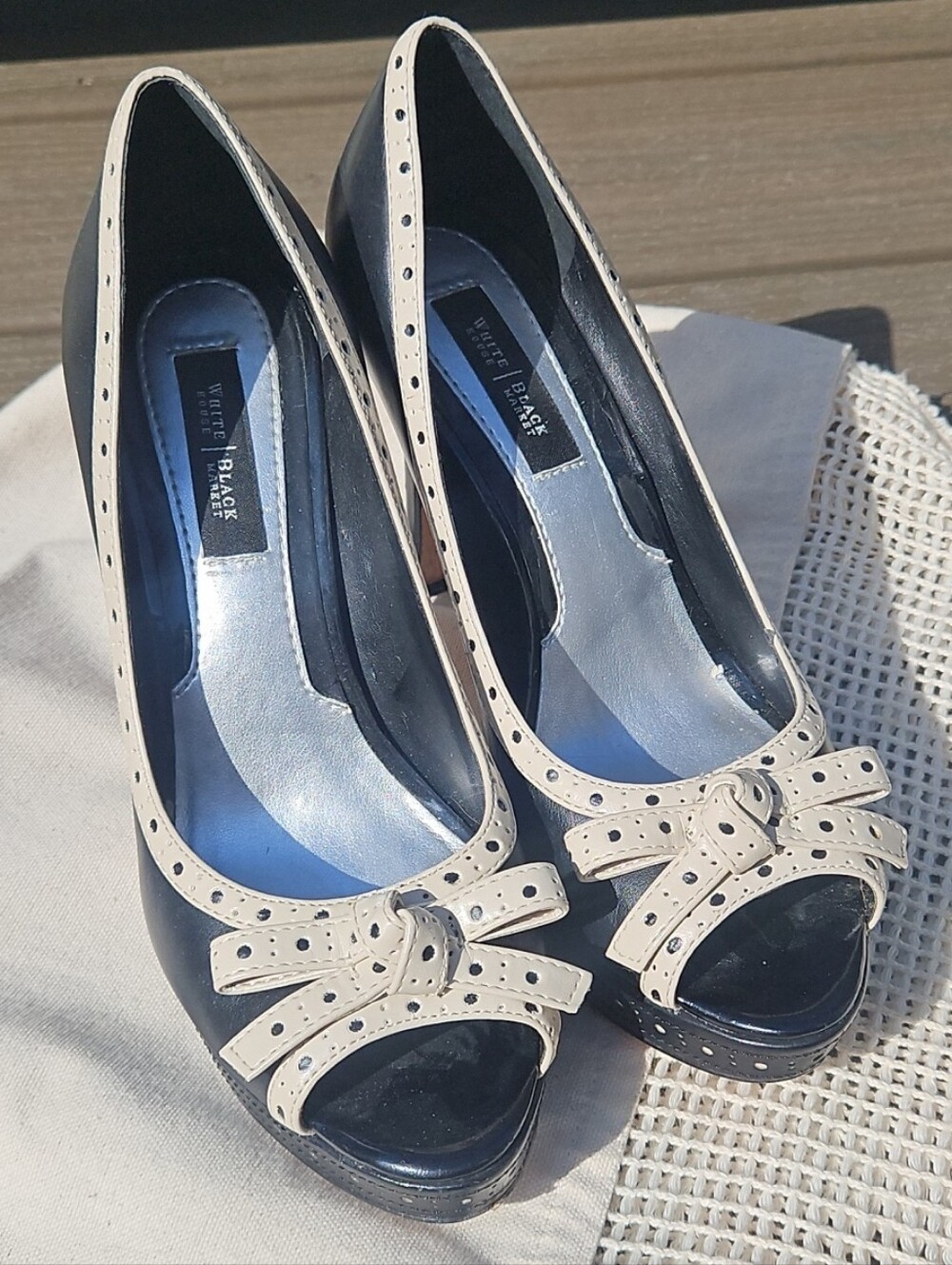 White House Black Market Black and Cream Peep-Toe Bow Heels